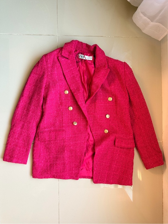 Zara Jackets & Blazers - Zara Tweed Blazer Size L Hot Pink Double Breasted Gold Buttons Fringe Trim Jacke